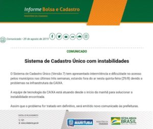 Comunicado do Governo Federal acerca da instabilidade do Sistema de Cadastro Único